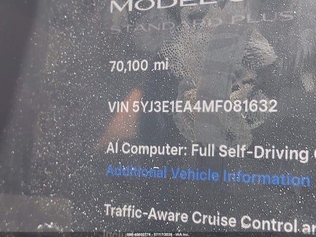 Tesla Model 3 Standard Range Plus Rear-wheel Drive 2021 5YJ3E1EA4MF081632 Image 9