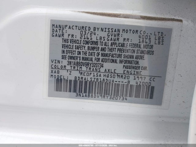 45600790 :رقم المزاد ، 3N1AB8DV9RY320734 vin ، 2024 Nissan Sentra Sr Xtronic Cvt مزاد بيع