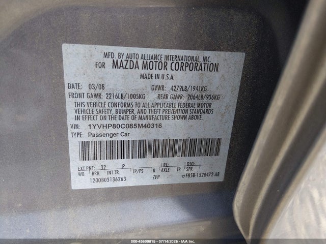 Aukcja sprzedaży 2008 Mazda Mazda6 I Sport Ve, vin: 1YVHP80C085M40316, numer aukcji: 45600815