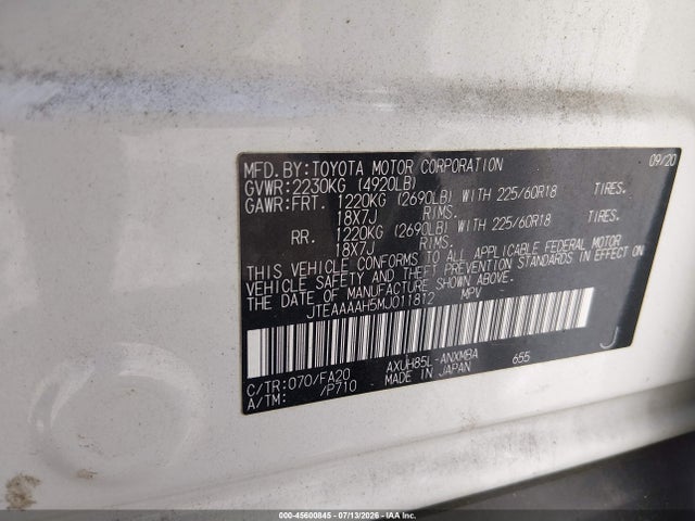 Aukcja sprzedaży 2021 Toyota Venza Le, vin: JTEAAAAH5MJ011812, numer aukcji: 45600845