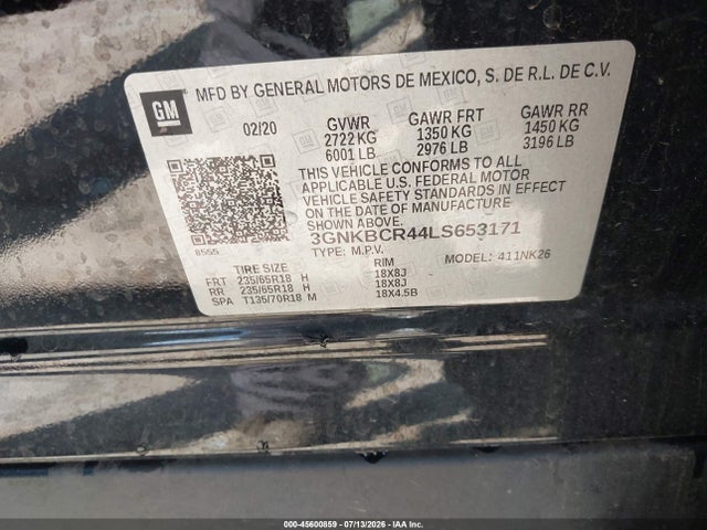 Aukcja sprzedaży 2020 Chevrolet Blazer Fwd 2lt, vin: 3GNKBCR44LS653171, numer aukcji: 45600859