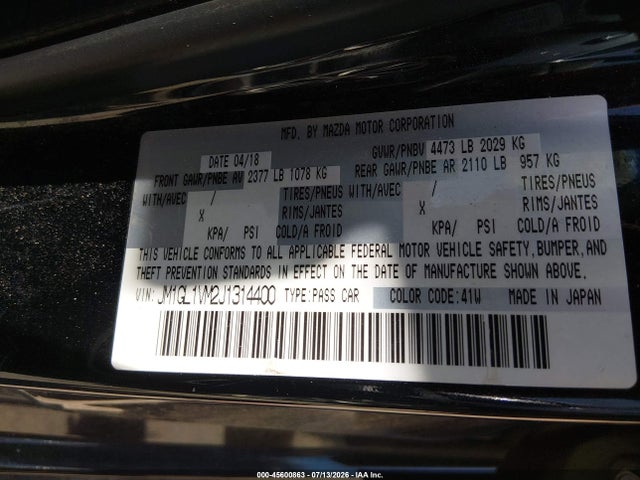 45600863 :رقم المزاد ، JM1GL1VM2J1314400 vin ، 2018 Mazda Mazda6 Touring مزاد بيع