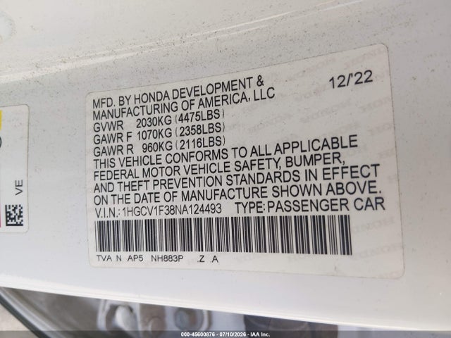 Aukcja sprzedaży 2022 Honda Accord Sport, vin: 1HGCV1F38NA124493, numer aukcji: 45600876