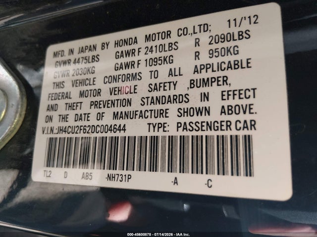 2013 Acura Tsx 2.4 მანქანა იყიდება აუქციონზე, vin: JH4CU2F62DC004644, აუქციონის ნომერი: 45600878