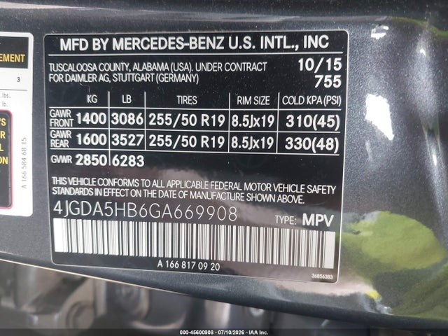 45600908 :رقم المزاد ، 4JGDA5HB6GA669908 vin ، 2016 Mercedes-benz Gle 350 4matic مزاد بيع