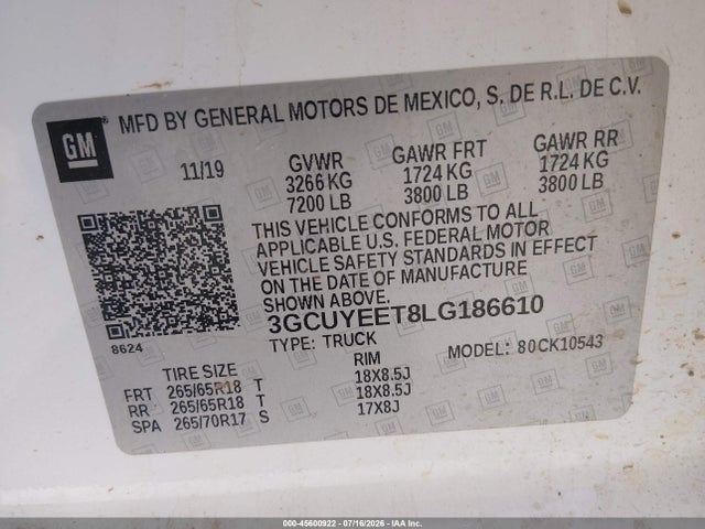 Aukcja sprzedaży 2020 Chevrolet Silverado 1500 4wd  Short Bed Rst, vin: 3GCUYEET8LG186610, numer aukcji: 45600922