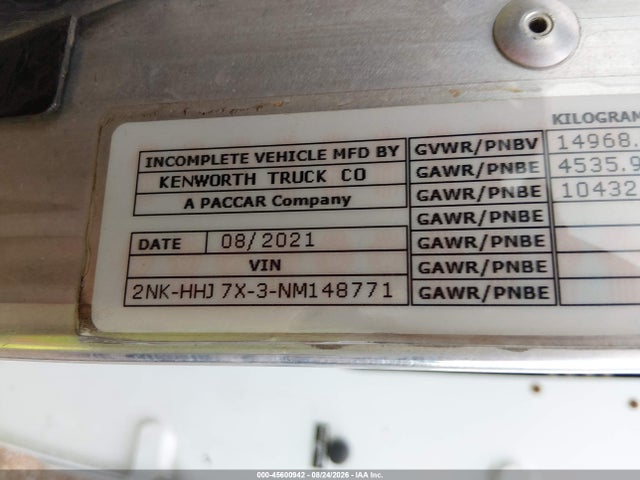 2022 Kenworth T3 Series მანქანა იყიდება აუქციონზე, vin: 2NKHHJ7X3NM148771, აუქციონის ნომერი: 45600942