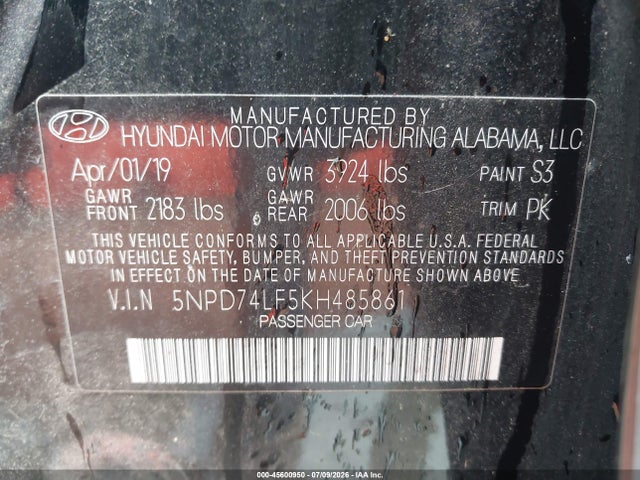 Продаж на аукціоні авто 2019 Hyundai Elantra Se, vin: 5NPD74LF5KH485861, номер лоту: 45600950