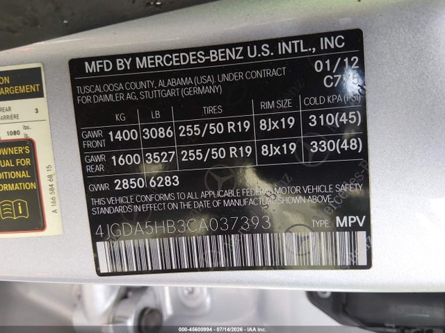 45600994 :رقم المزاد ، 4JGDA5HB3CA037393 vin ، 2012 Mercedes-benz Ml 350 4matic مزاد بيع