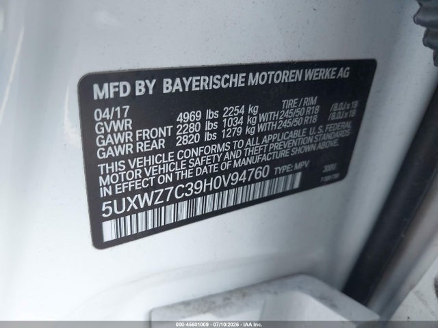 45601009 :رقم المزاد ، 5UXWZ7C39H0V94760 vin ، 2017 Bmw X3 Sdrive28i مزاد بيع
