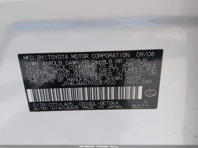 2009 Lexus Es 350 მანქანა იყიდება აუქციონზე, vin: JTHBJ46G792287550, აუქციონის ნომერი: 45601038