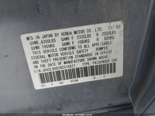 45601051 :رقم المزاد ، JH4CL96838C016627 vin ، 2008 Acura Tsx مزاد بيع