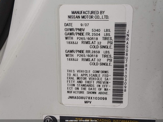 45601052 :رقم المزاد ، JNRAS08U78X103098 vin ، 2008 Infiniti Fx35 مزاد بيع