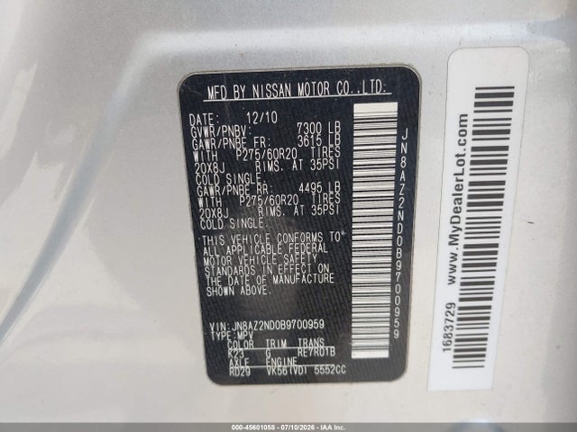 Aukcja sprzedaży 2011 Infiniti Qx56, vin: JN8AZ2ND0B9700959, numer aukcji: 45601058
