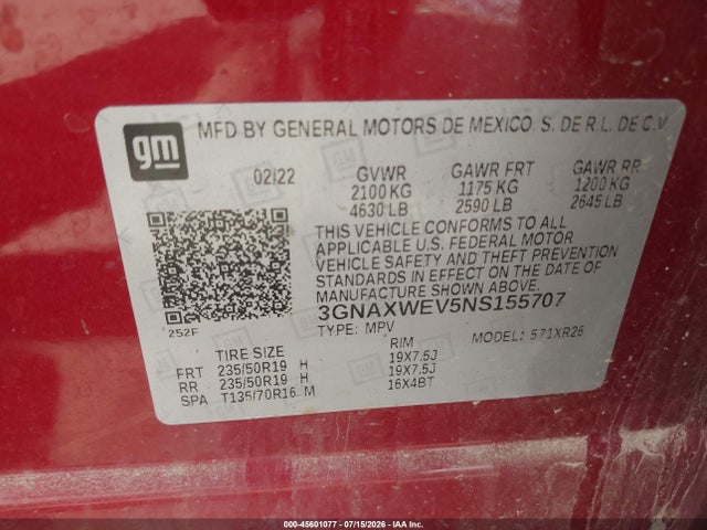 3GNAXWEV5NS155707 Chevrolet Equinox Awd Rs