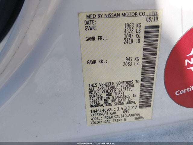 Продаж на аукціоні авто 2020 Nissan Altima Sr Fwd, vin: 1N4BL4CV2LC153177, номер лоту: 45601099