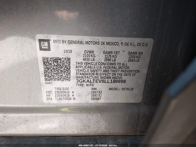 45601107 :رقم المزاد ، 3GKALTEV5LL189998 vin ، 2020 Gmc Terrain Awd Sle مزاد بيع