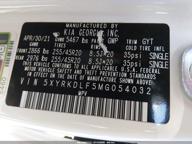 Продажа на аукционе авто 2021 Kia Sorento Sx, vin: 5XYRKDLF5MG054032, номер лота: 45601112
