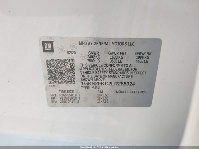 45601114 :رقم المزاد ، 1GKS2FKC2LR288024 vin ، 2020 Gmc Yukon Xl 4wd Sle مزاد بيع