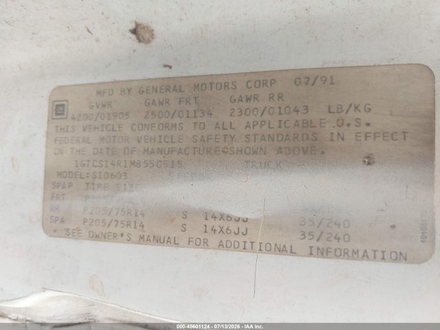 45601124 :رقم المزاد ، 1GTCS14R1M8550515 vin ، 1991 Gmc Sonoma مزاد بيع