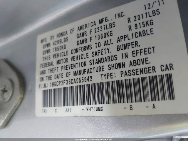 45601132 :رقم المزاد ، 1HGCP2F38CA055642 vin ، 2012 Honda Accord Sdn Lx مزاد بيع
