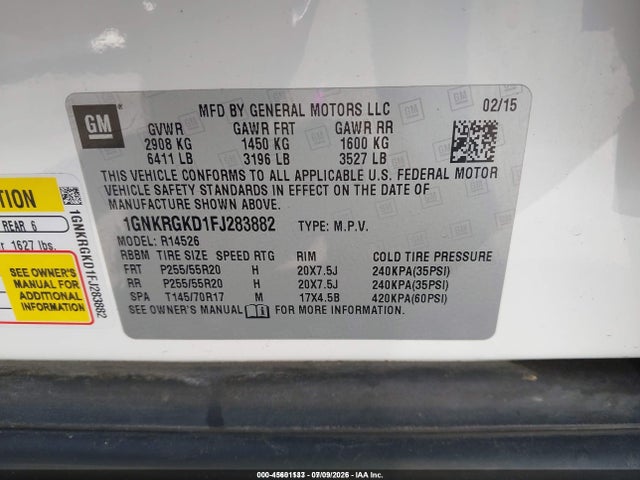 Chevrolet Traverse 1lt 2015 1GNKRGKD1FJ283882 Image 9