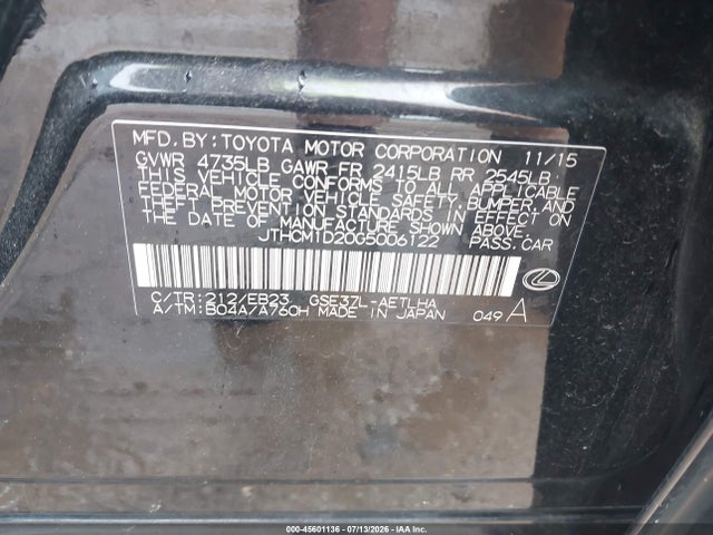 Aukcja sprzedaży 2016 Lexus Is 300, vin: JTHCM1D20G5006122, numer aukcji: 45601136