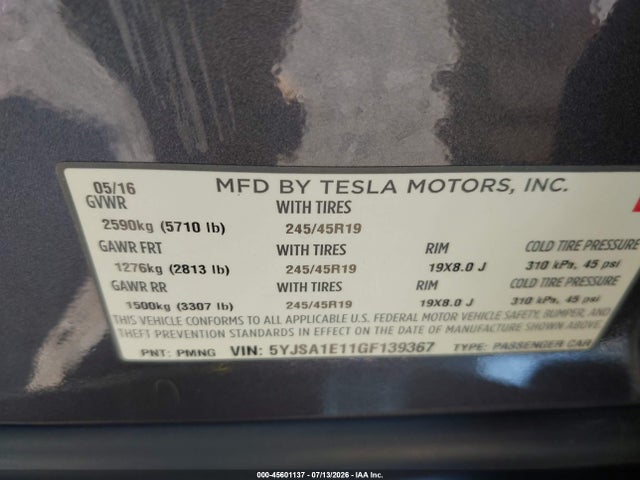 Продаж на аукціоні авто 2016 Tesla Model S 60/70/75/85, vin: 5YJSA1E11GF139367, номер лоту: 45601137