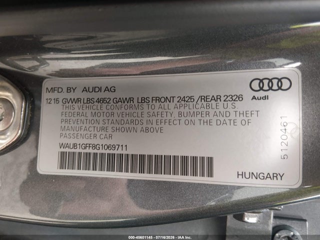 Продаж на аукціоні авто 2016 Audi S3 Premium Plus, vin: WAUB1GFF8G1069711, номер лоту: 45601145