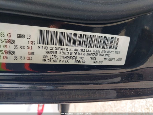 Aukcja sprzedaży 2011 Ram Ram 1500 Slt, vin: 1D7RV1CT5BS597678, numer aukcji: 45601155