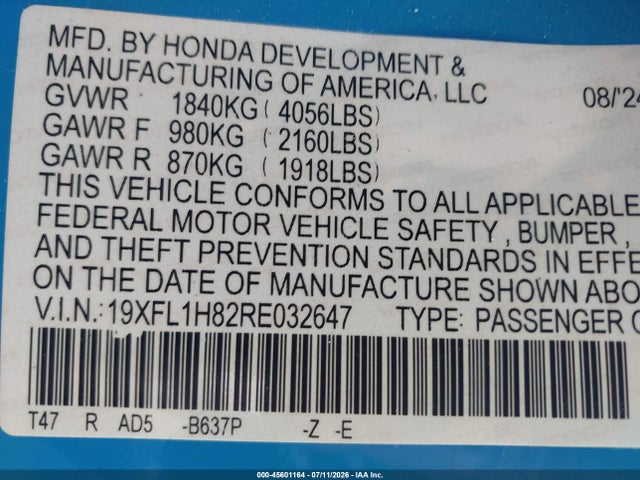 45601164 :رقم المزاد ، 19XFL1H82RE032647 vin ، 2024 Honda Civic Sport Touring مزاد بيع