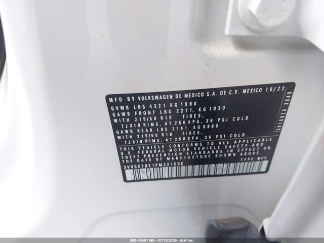 2023 Volkswagen Taos 1.5t Se მანქანა იყიდება აუქციონზე, vin: 3VVSX7B21PM321596, აუქციონის ნომერი: 45601165