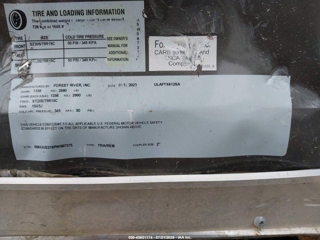 45601174 :رقم المزاد ، 5NHUUS219PW087375 vin ، 2023 Forest River Enclosed مزاد بيع