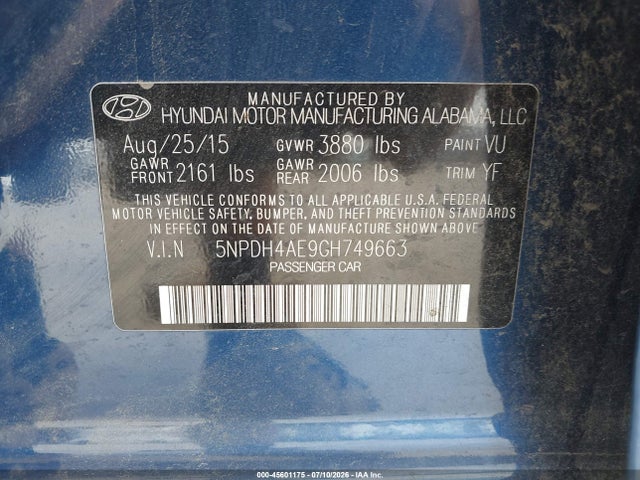 Aukcja sprzedaży 2016 Hyundai Elantra Se, vin: 5NPDH4AE9GH749663, numer aukcji: 45601175