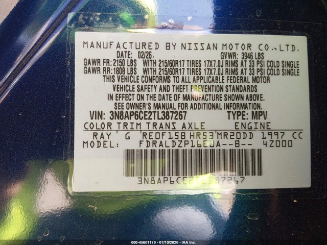 45601179 :رقم المزاد ، 3N8AP6CE2TL387267 vin ، 2026 Nissan Kicks Sv مزاد بيع