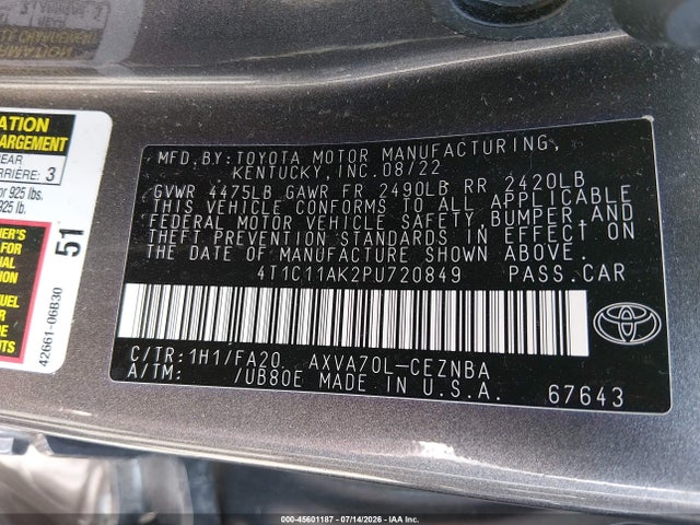 Aukcja sprzedaży 2023 Toyota Camry Le, vin: 4T1C11AK2PU720849, numer aukcji: 45601187