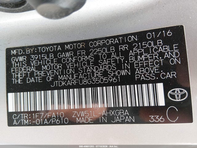 2016 Toyota Prius Three მანქანა იყიდება აუქციონზე, vin: JTDKARFU8G3505961, აუქციონის ნომერი: 45601203