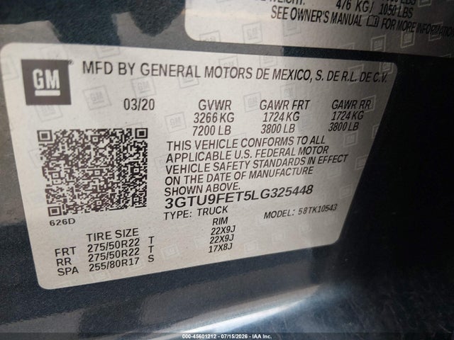 2020 Gmc Sierra 1500 4wd  Short Box Denali მანქანა იყიდება აუქციონზე, vin: 3GTU9FET5LG325448, აუქციონის ნომერი: 45601212