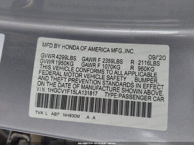 Honda ACCORD LX 2020 1HGCV1F15LA131817 Image 9
