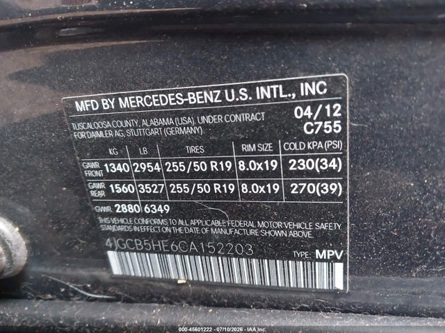 Aukcja sprzedaży 2012 Mercedes-benz R 350 4matic, vin: 4JGCB5HE6CA152203, numer aukcji: 45601222