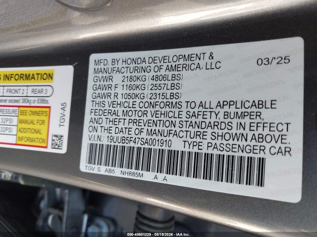 Aukcja sprzedaży 2025 Acura Tlx Technology Package, vin: 19UUB5F47SA001910, numer aukcji: 45601229