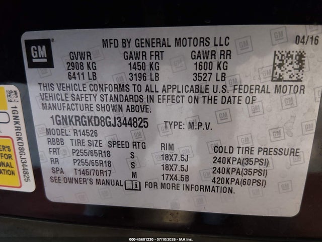 Chevrolet Traverse 1lt 2016 1GNKRGKD8GJ344825 Image 9