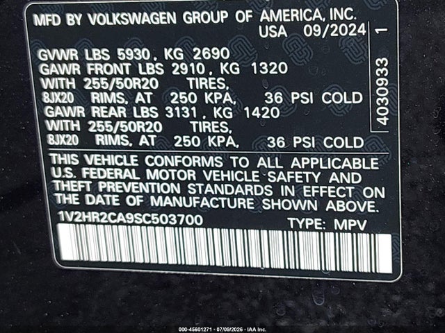 1V2HR2CA9SC503700 Volkswagen Atlas 2.0t Se W/technology