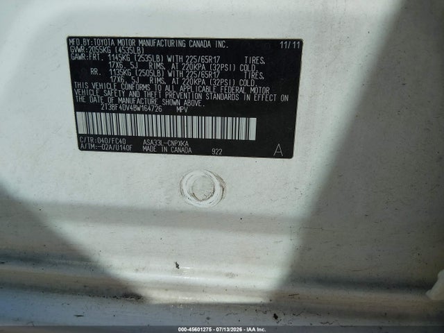 Продажа на аукционе авто 2011 Toyota Rav4, vin: 2T3BF4DV4BW164726, номер лота: 45601275