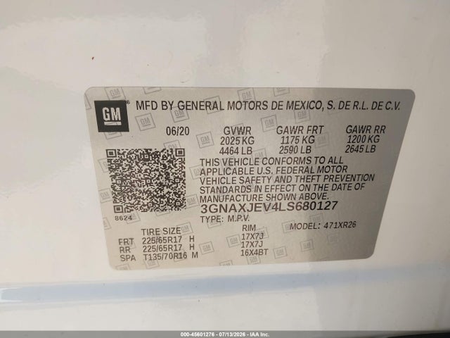 Aukcja sprzedaży 2020 Chevrolet Equinox Fwd 2fl, vin: 3GNAXJEV4LS680127, numer aukcji: 45601276