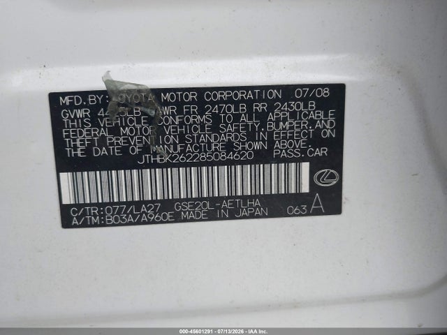Продажа на аукционе авто 2008 Lexus Is 250, vin: JTHBK262285084620, номер лота: 45601291