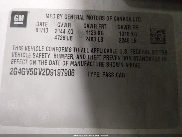 45601295 :رقم المزاد ، 2G4GV5GV2D9197906 vin ، 2013 Buick Regal Gs مزاد بيع