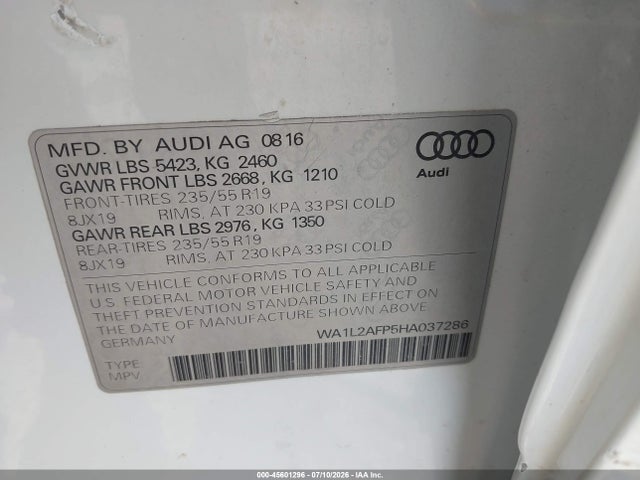 Aukcja sprzedaży 2017 Audi Q5 2.0t Premium, vin: WA1L2AFP5HA037286, numer aukcji: 45601296