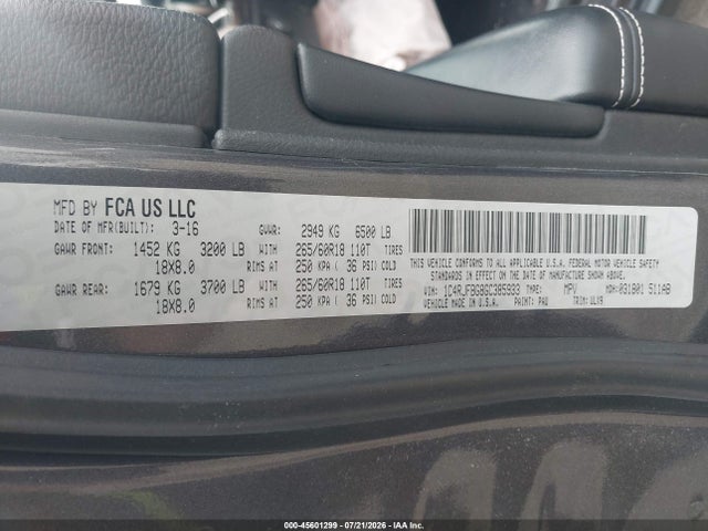 45601299 :رقم المزاد ، 1C4RJFBG8GC385933 vin ، 2016 Jeep Grand Cherokee Limited مزاد بيع