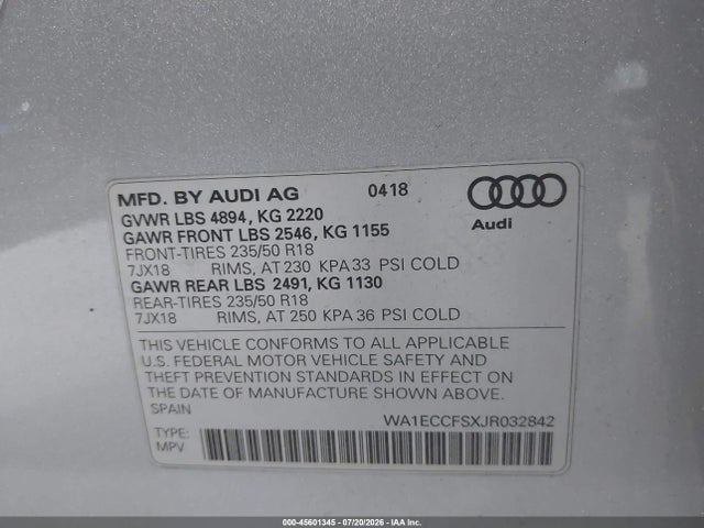 45601345 :رقم المزاد ، WA1ECCFSXJR032842 vin ، 2018 Audi Q3 2.0t Premium/2.0t Sport Premium مزاد بيع